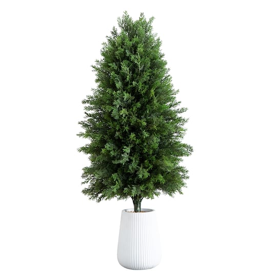 3ft. UV-Resistant Cedar Tree in Decorative White Planter